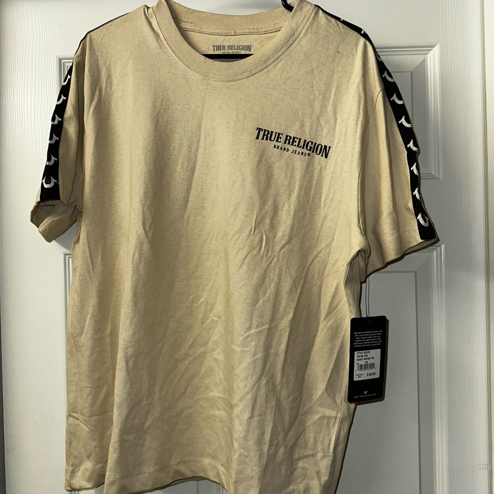 True Religion Men's Tan T-Shirt with Black Accents